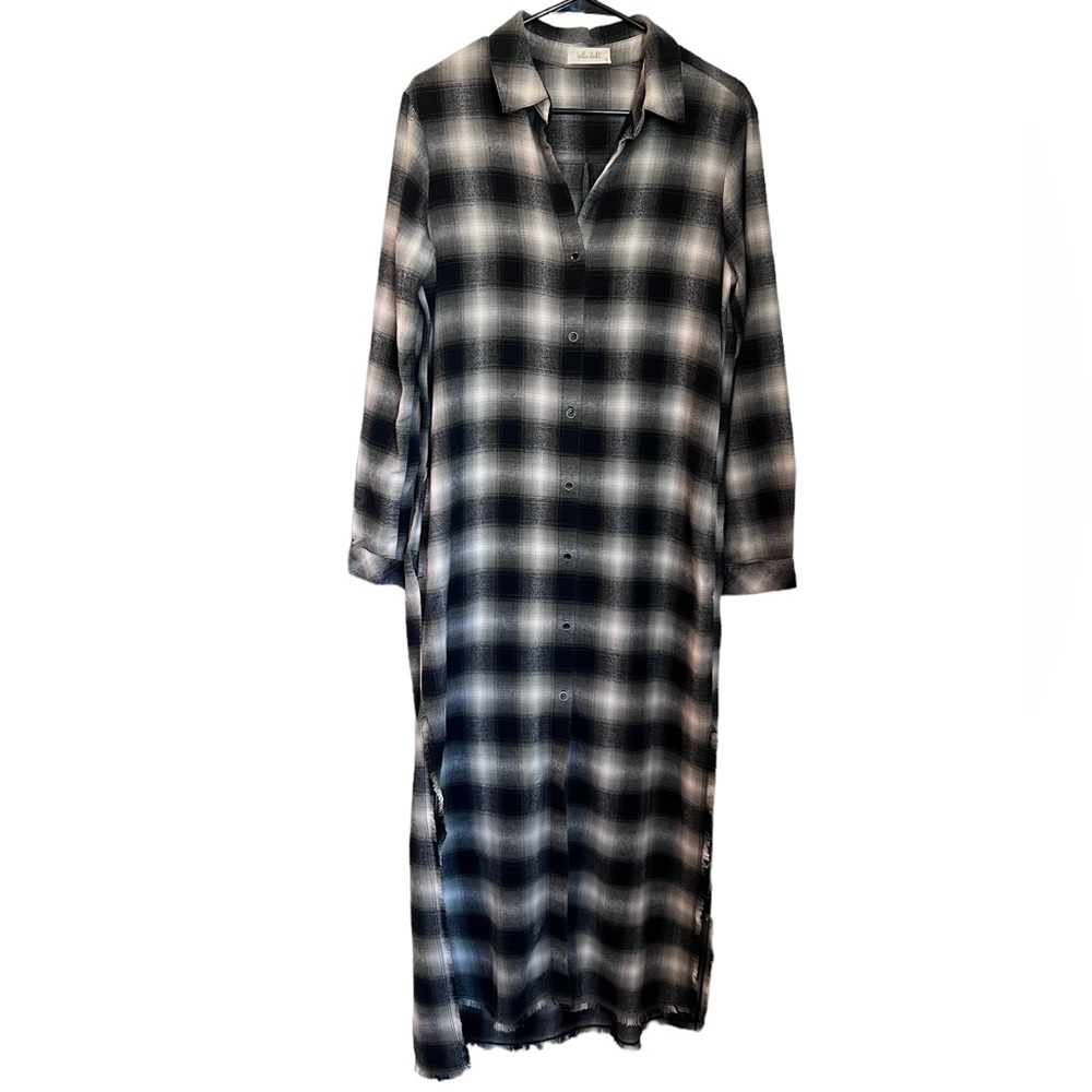 Bella Dahl Plaid Duster Shirt Dress With Pockets Frayed Hem
